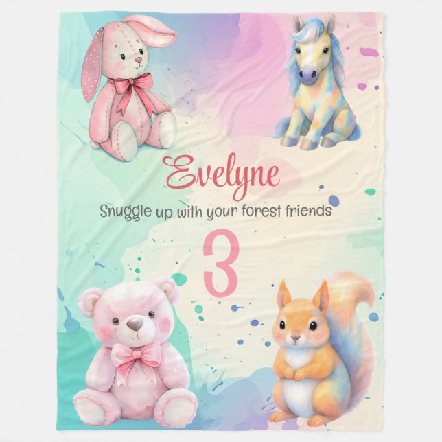 Woodland Animal Friends Watercolor Birth Details Fleece Blanket (Front)