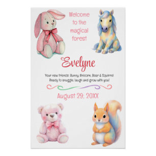 Woodland Animal Friends Watercolor Birth Details Poster