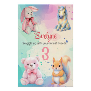 Woodland Animal Friends Watercolor Birth Details Poster