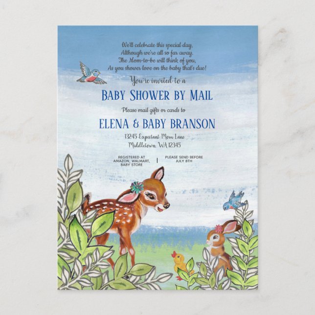 Woodland Animal Greenery Baby Shower By Mail Invitation Postcard (Front)