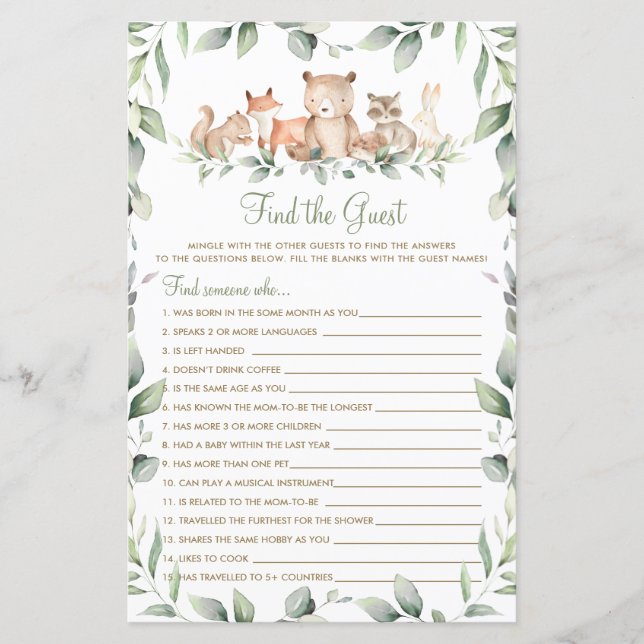 Woodland Animal Greenery Find the Guest Game  (Front)
