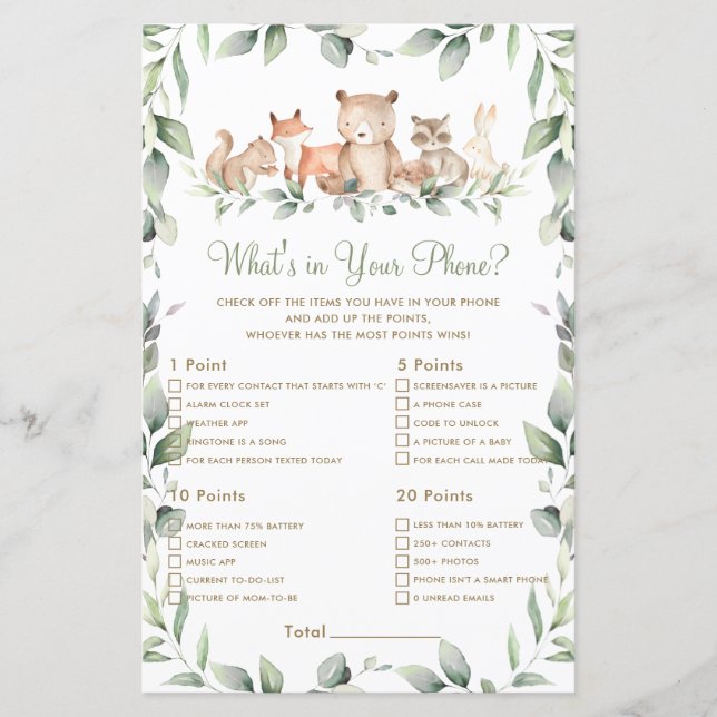 Woodland Animal Greenery What's In Your Phone Game (Front)