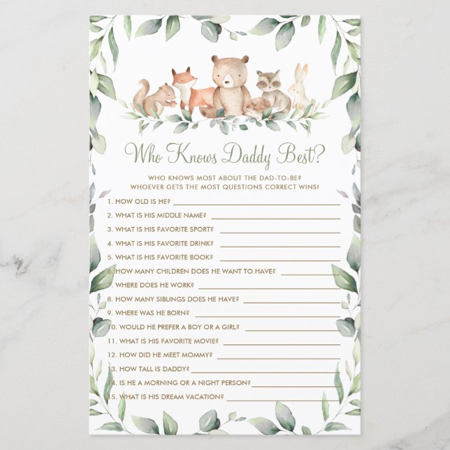 Woodland Animal Greenery Who Knows Daddy Best Game (Front)