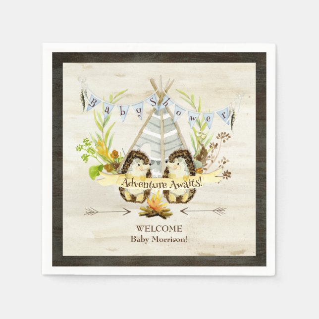 Woodland Animal Hedgehogs Teepee Boho Baby Shower Napkin (Front)