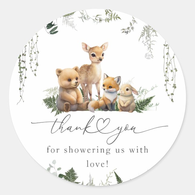 Woodland Animal Neutral Baby Shower Diaper Classic Round Sticker (Front)