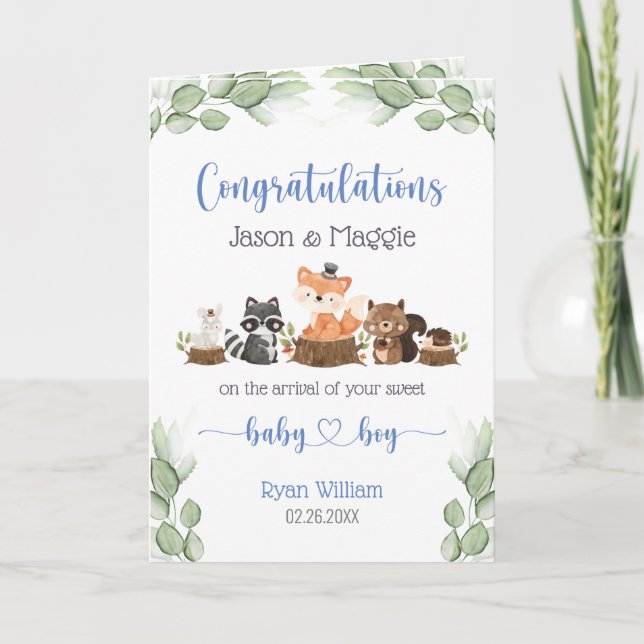 Woodland Animal New Baby Boy Blue Congratulations Card (Front)
