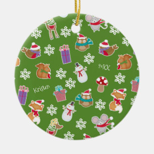 Woodland Animal Pattern Green Merry Christmas Ceramic Ornament