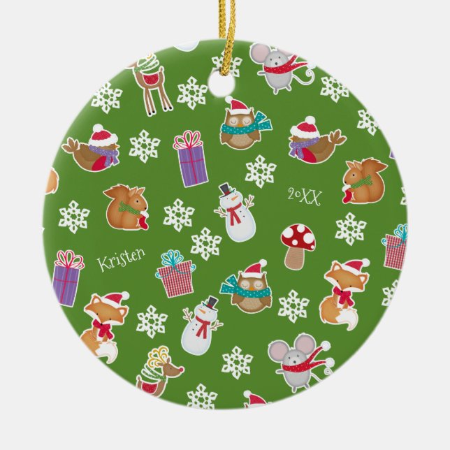 Woodland Animal Pattern Green Merry Christmas Ceramic Ornament (Front)