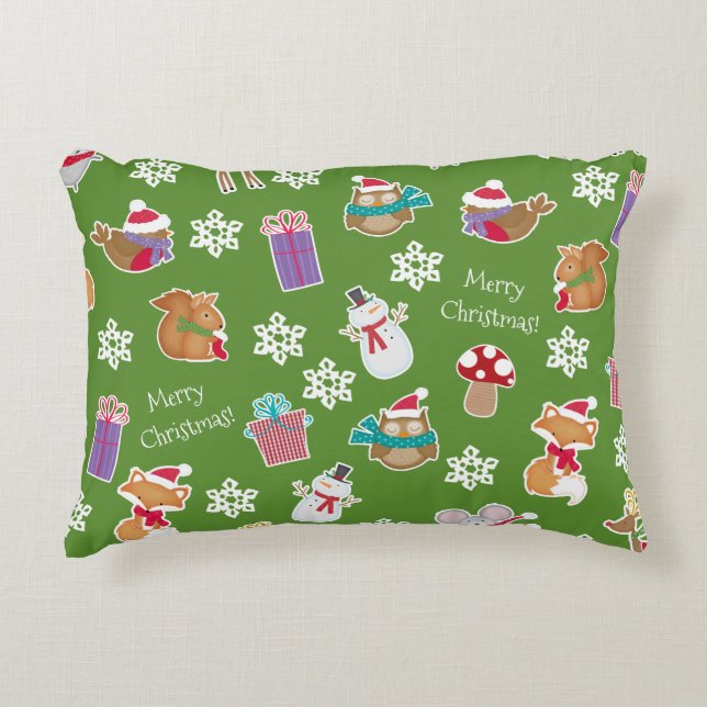 Woodland Animal Pattern Green Merry Christmas Decorative Cushion (Front)