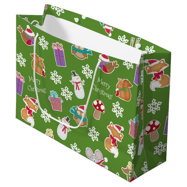 Woodland Animal Pattern Green Merry Christmas Large Gift Bag (Front Angled)