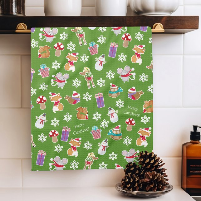 Woodland Animal Pattern Green Merry Christmas Tea Towel (Creator Uploaded)