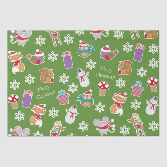 Woodland Animal Pattern Green Merry Christmas Tissue Paper (Front)