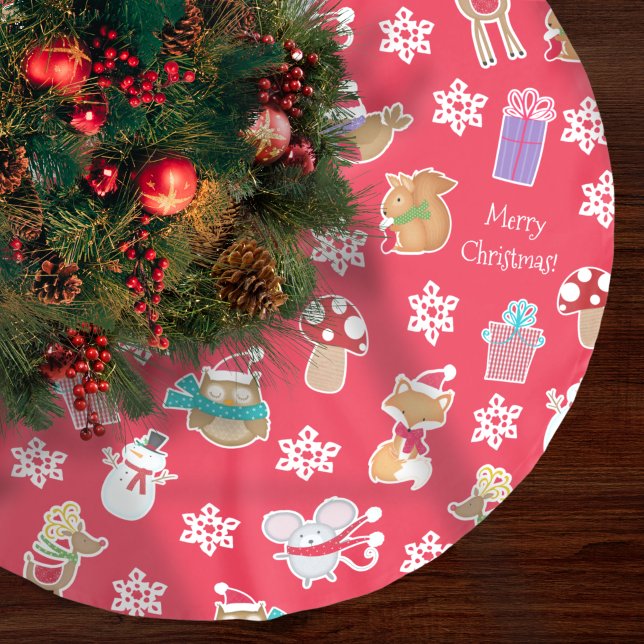 Woodland Animal Pattern Red Merry Christmas Brushed Polyester Tree Skirt (Creator Uploaded)