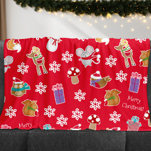 Woodland Animal Pattern Red Merry Christmas Fleece Blanket