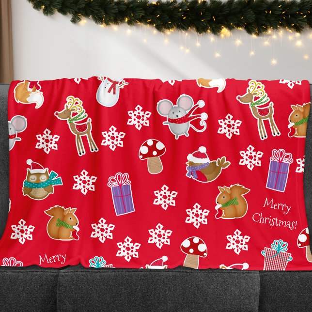 Woodland Animal Pattern Red Merry Christmas Fleece Blanket (Creator Uploaded)