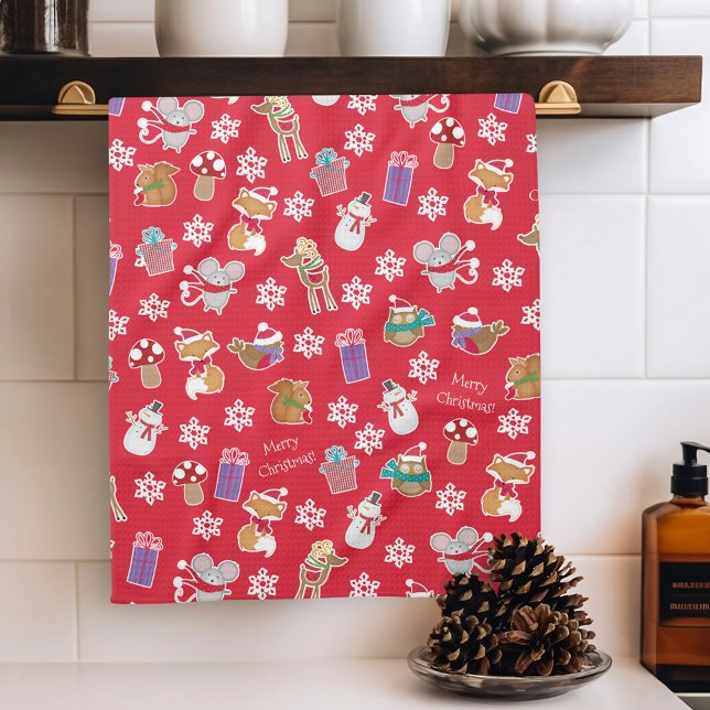 Woodland Animal Pattern Red Merry Christmas Tea Towel (Creator Uploaded)