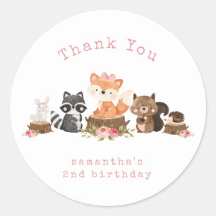 Woodland Animal Pink Girl Birthday Thank You Classic Round Sticker