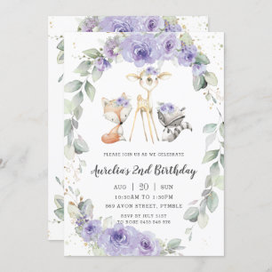 Woodland Animal Purple Floral Greenery Birthday Invitation