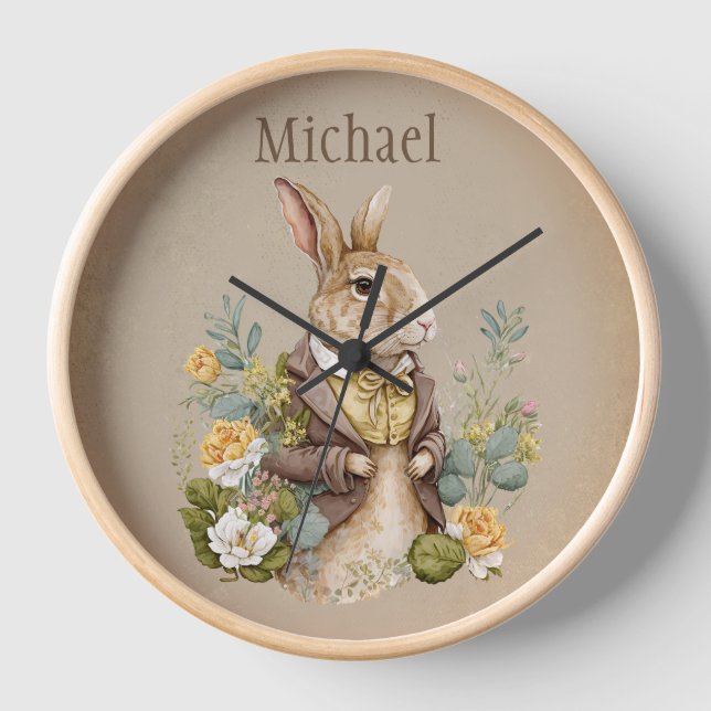 Woodland Animal Rustic Bunny Name Nursery  Clock (Front)