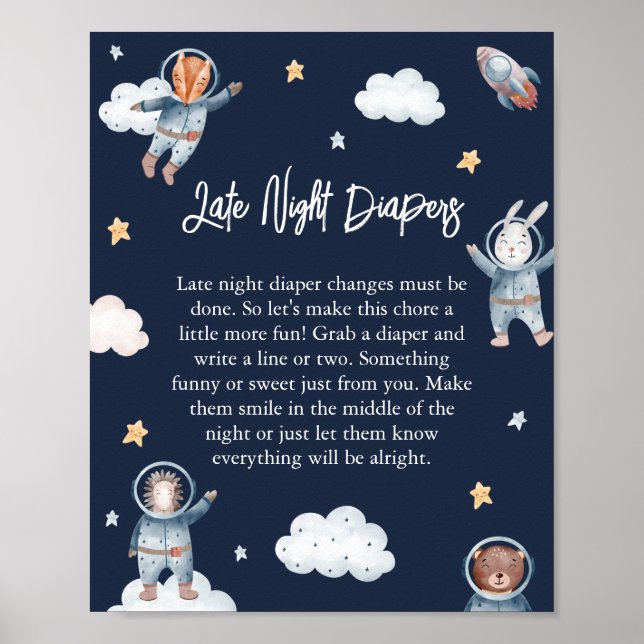 Woodland Animal Space Baby 'Late Night Diaper' Poster (Front)