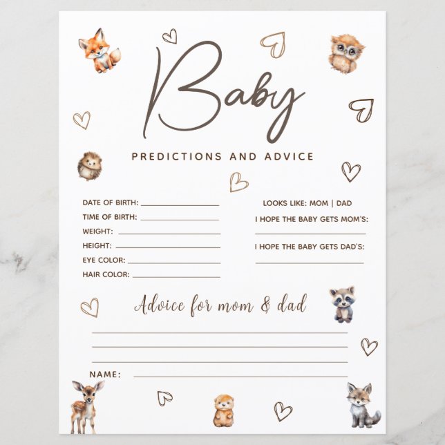 Woodland Animal Theme Predictions and Advice Game  (Front)