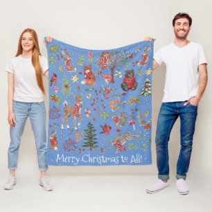 Woodland Animal Winter Blue Christmas Forest Fleece Blanket