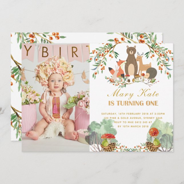 Woodland Animals 1st Birthday Invitation (Front/Back)