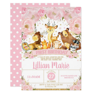Woodland Animals 1st Birthday Invitation Girl
