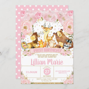 Woodland Animals 1st Birthday Invitation Girl