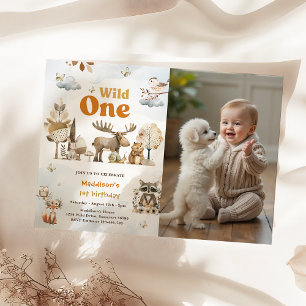 Woodland Animals 1st Birthday Party Photo Invitation
