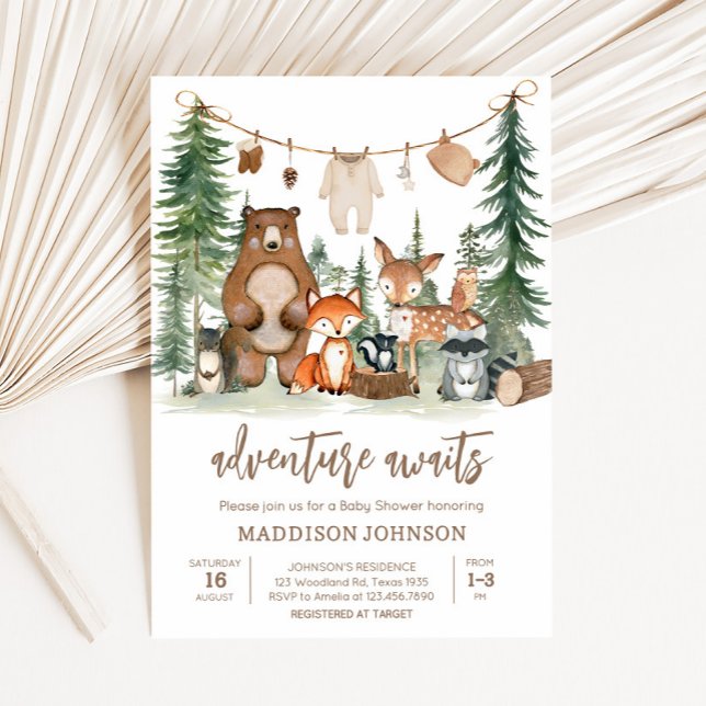 Woodland Animals Adventure Awaits Baby Shower  Invitation (Woodland Animals Adventure Awaits Rustic Baby Shower)