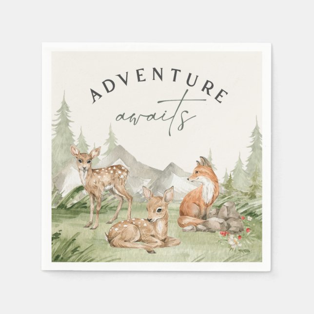 Woodland Animals  Adventure Awaits Birthday Napkin (Front)