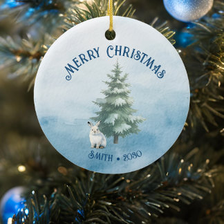 Woodland Animals and Arctic Hare Blue Christmas Ceramic Ornament