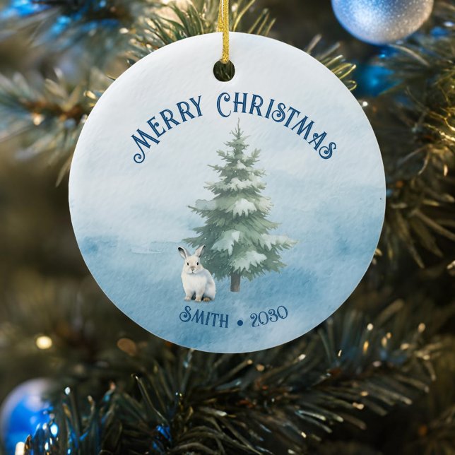 Woodland Animals and Arctic Hare Blue Christmas Ceramic Ornament (Arctic Hare woodland animals ornament front)