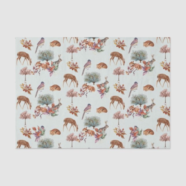 Woodland Animals and Birds Grey Green Background  Tissue Paper (Front)