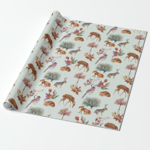 Woodland Animals and Birds Grey Green Background  Wrapping Paper