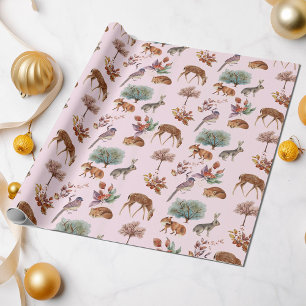 Woodland Animals and Birds Light Pink Background Wrapping Paper