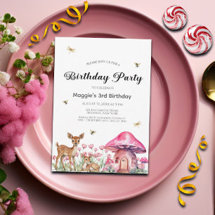 Woodland Animals and Fairy Mushrooms 3rd Birthday  Invitation