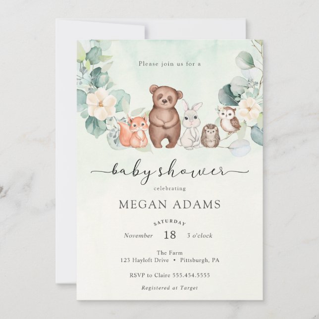 Woodland Animals and Flowers Baby Shower Invitation (Front)