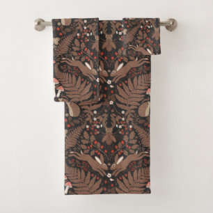 Woodland animals and plants in red and brown bath towel set