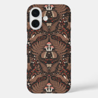 Woodland animals and plants in red and brown