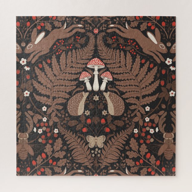 Woodland animals and plants in red and brown jigsaw puzzle (Vertical)