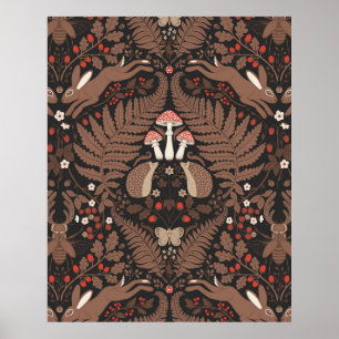 Woodland animals and plants in red and brown poster