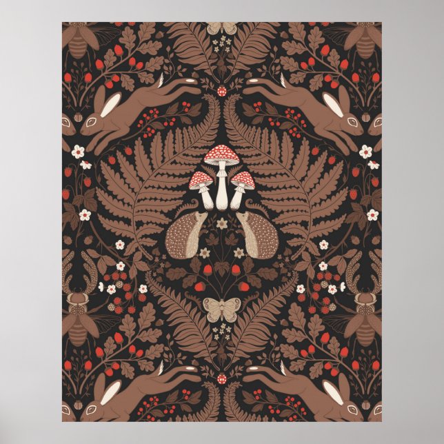Woodland animals and plants in red and brown poster (Front)