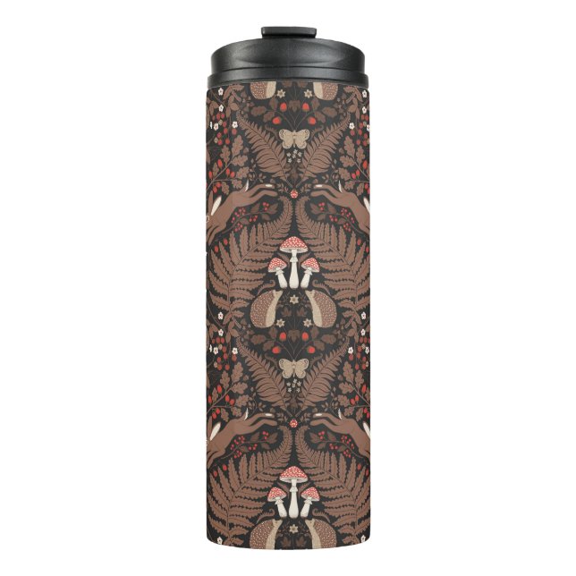 Woodland animals and plants in red and brown thermal tumbler (Front)