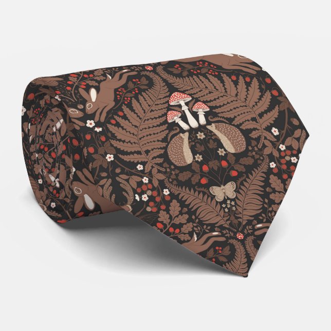 Woodland animals and plants in red and brown tie (Rolled)