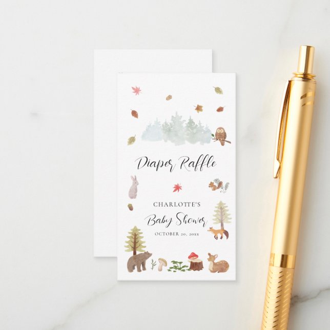 Woodland Animals Autumn Baby Shower Diaper Raffle Enclosure Card (Front/Back In Situ)