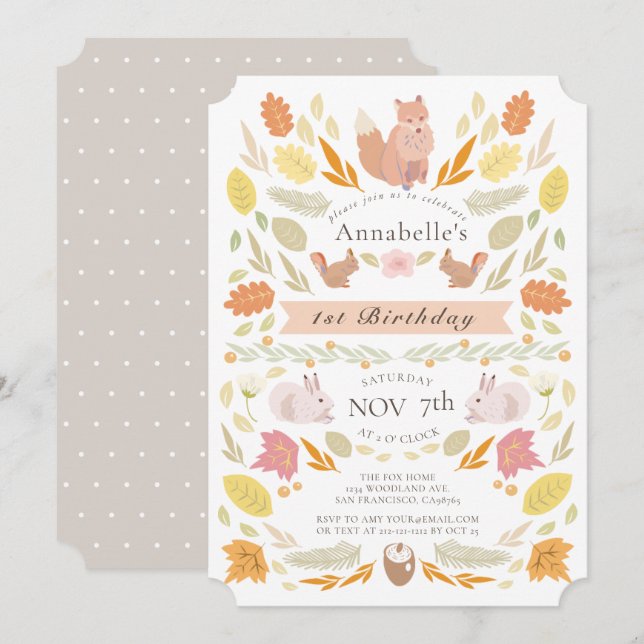 Woodland Animals Autumn Foliage 1st Birthday Invitation (Front/Back)