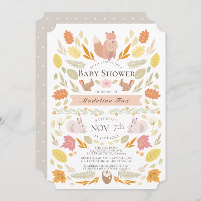 Woodland Animals Autumn Foliage Baby Shower Invitation (Front/Back)