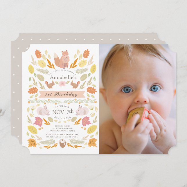 Woodland Animals Autumn Foliage Photo 1st Birthday Invitation (Front/Back)